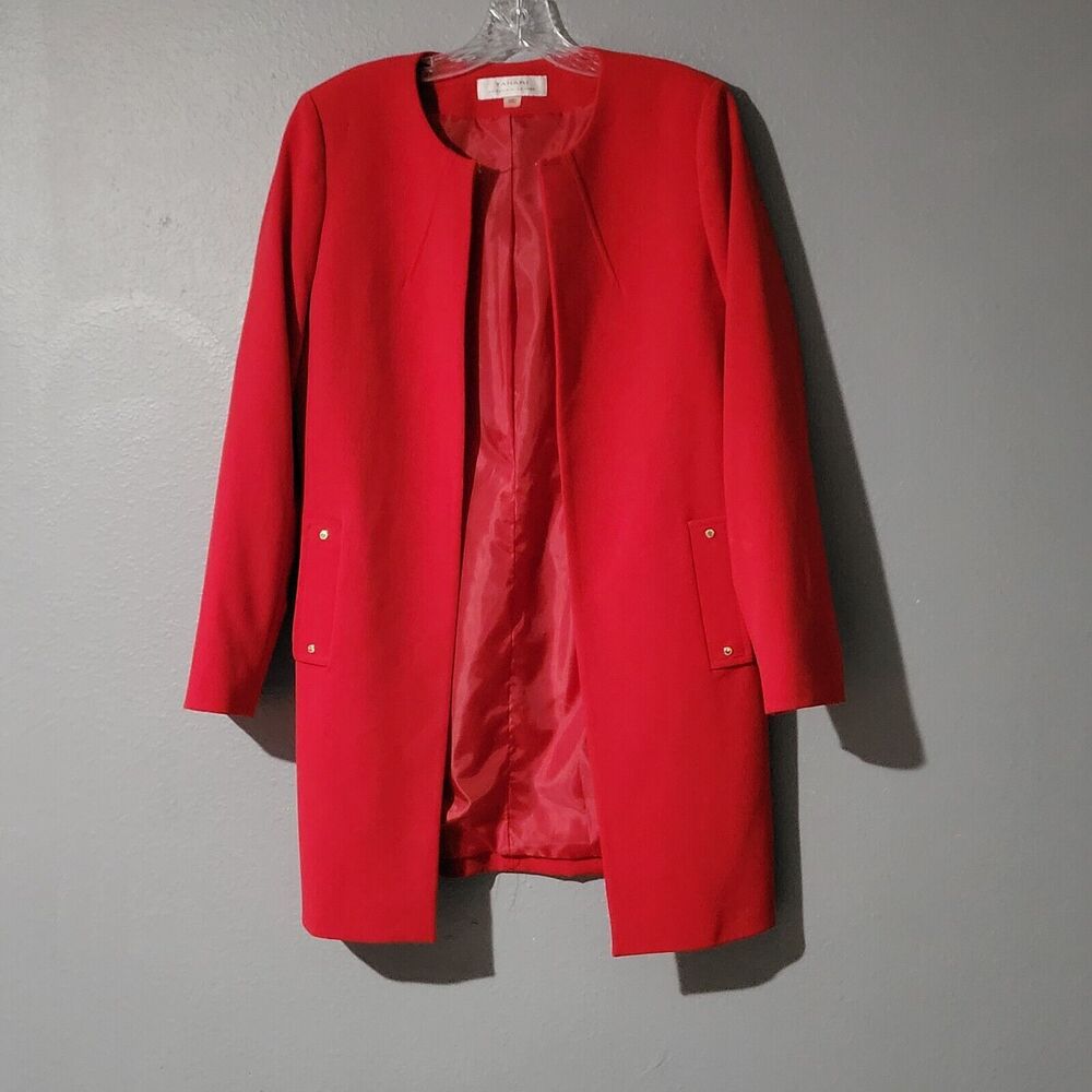 Tahari Arthur S. Levine Red Topper Jacket Coat Collarless Long Blazer Size 4 - Picture 2 of 15